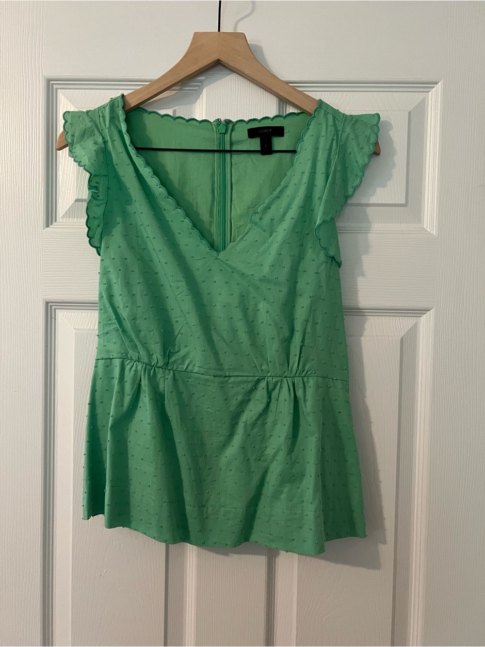 J. Crew Mint Green Scalloped Flutter Sleeve V-Neck Peplum Top